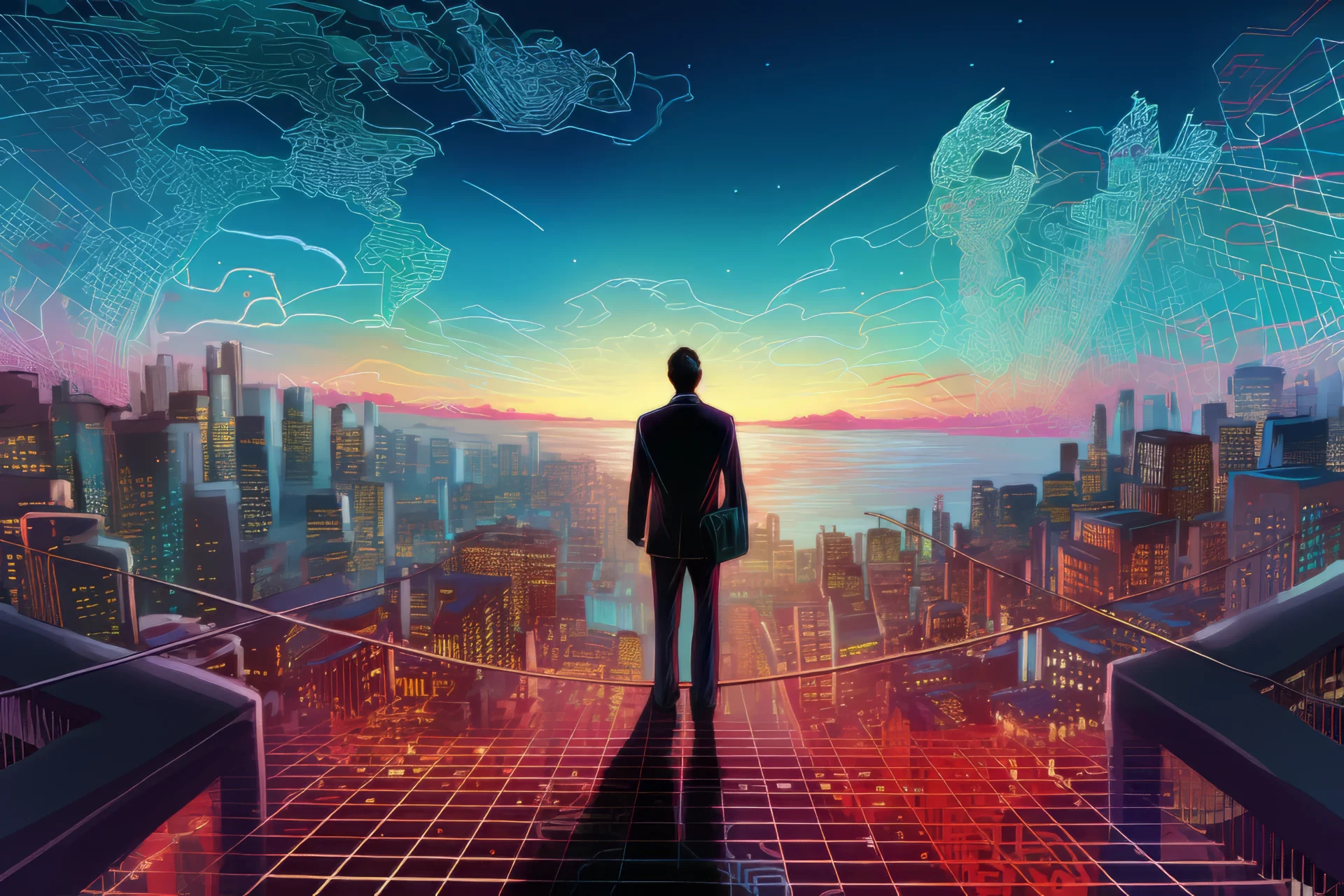 Digital art of a man walking on a grid towards the horizon above buildings, symbolizing careers at Prolaxies.